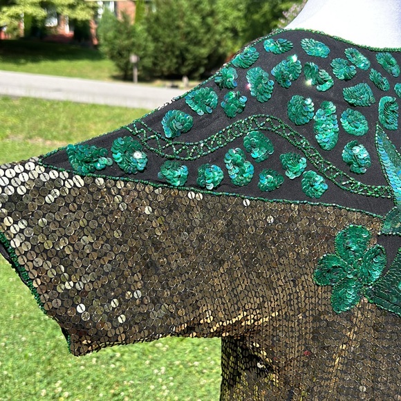 Large Vintage Elegance Anujan Gold/Green Sequin Blouse - Picture 3 of 10